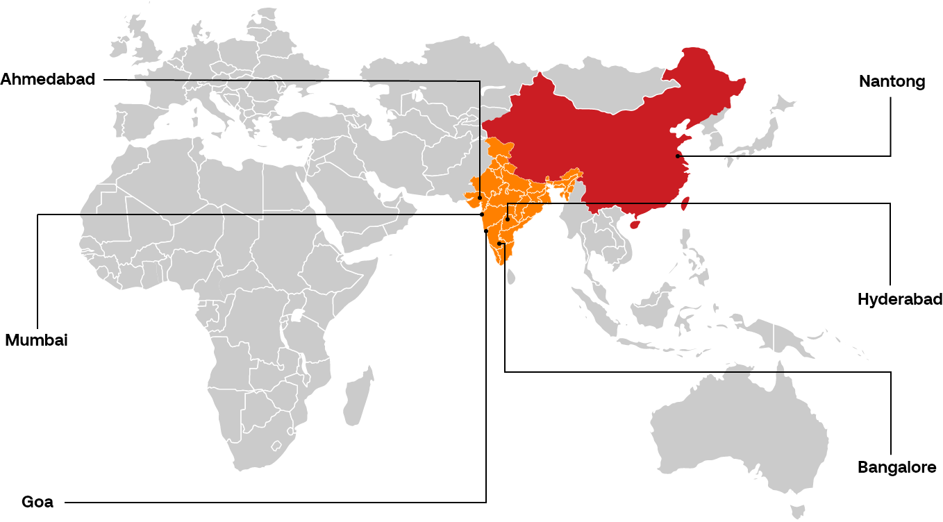 World map highlighting India and China with network routes